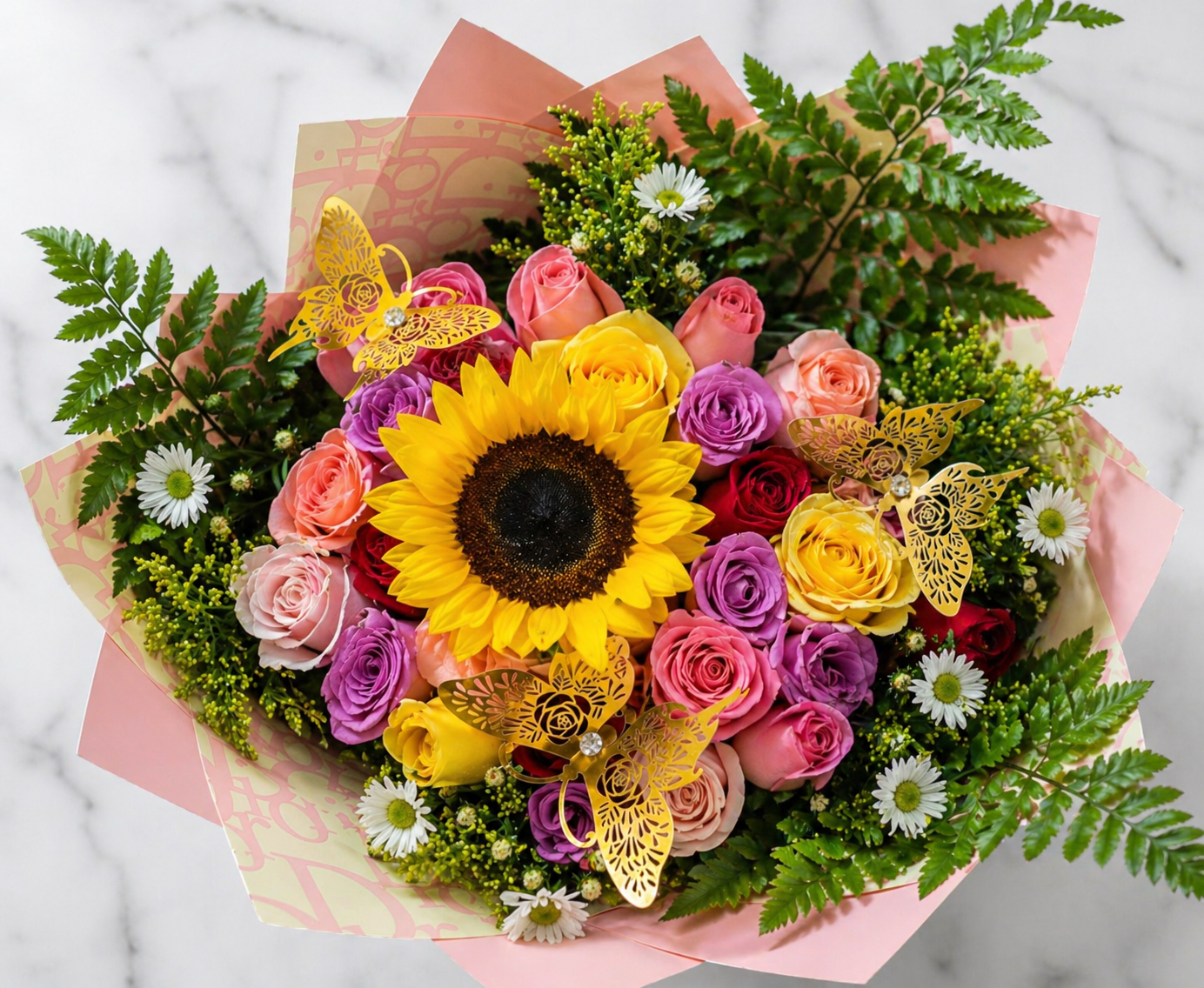 💐🦋 24 PREMIUM ROSES & 1 SUNFLOWERS BOUQUET WITH ACCESSORIES