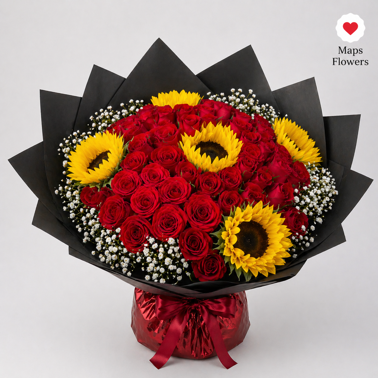 50 PREMIUM ROSES & 5 SUNFLOWERS BOUQUET 💐🌹🌻