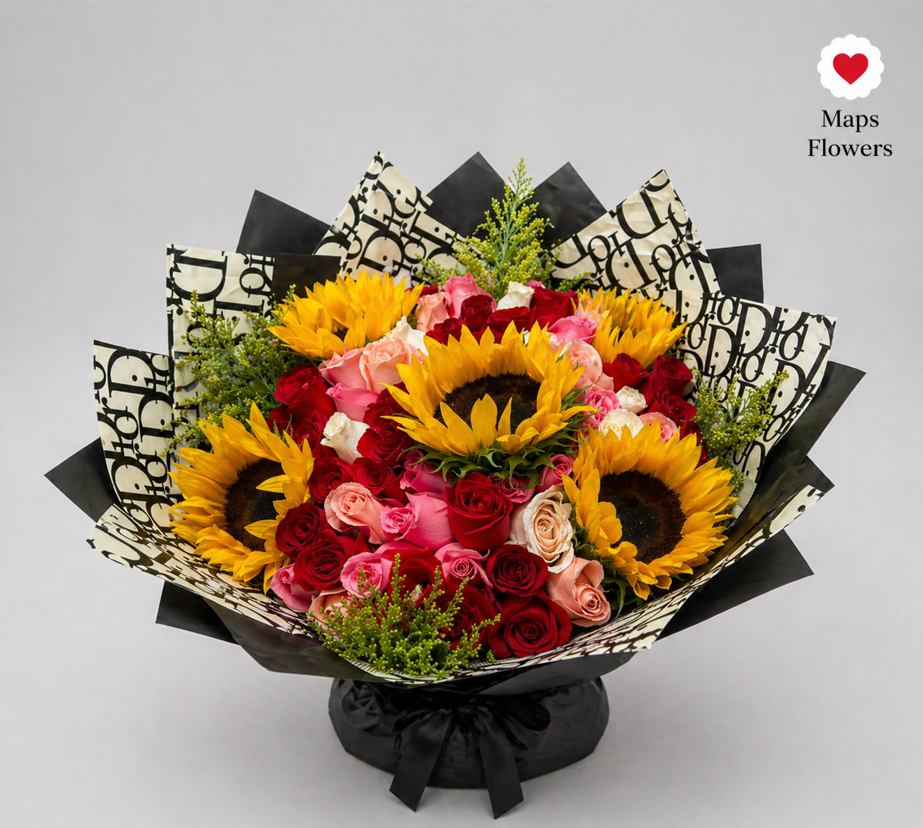 💐 50 PREMIUM ROSES & 5 SUNFLOWERS WITH ACCESSORIES