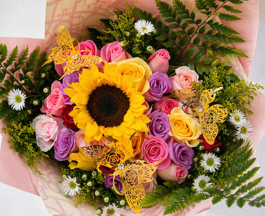 💐🦋 24 PREMIUM ROSES & 1 SUNFLOWERS BOUQUET WITH ACCESSORIES