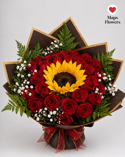 💐🌻🌹 24 PREMIUM ROSES & 1 SUNFLOWER BOUQUET