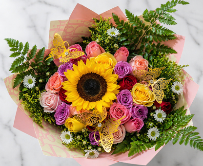 💐🦋 24 PREMIUM ROSES & 1 SUNFLOWERS BOUQUET WITH ACCESSORIES