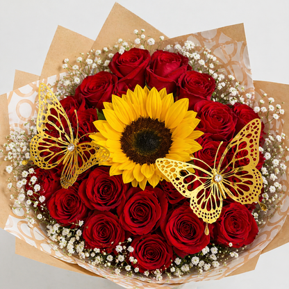 💐🦋 24 PREMIUM ROSES & 1 SUNFLOWERS BOUQUET WITH ACCESSORIES