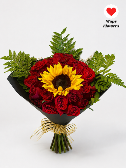 💐🌻🌹 24 PREMIUM ROSES & 1 SUNFLOWER BOUQUET
