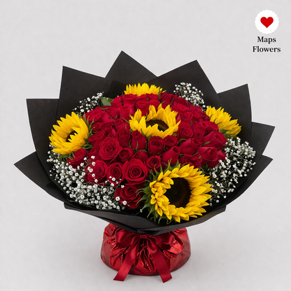 50 PREMIUM ROSES & 5 SUNFLOWERS BOUQUET 💐🌹🌻
