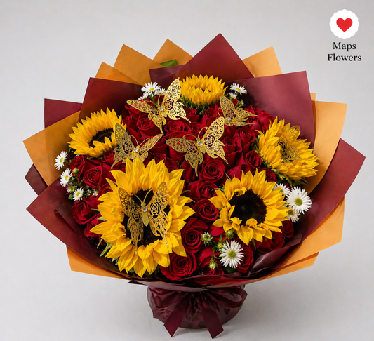 💐 50 PREMIUM ROSES & 5 SUNFLOWERS WITH ACCESSORIES