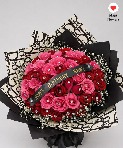 💎🌹 50 PREMIUM ROSES BOUQUET WITH DIAMONDS