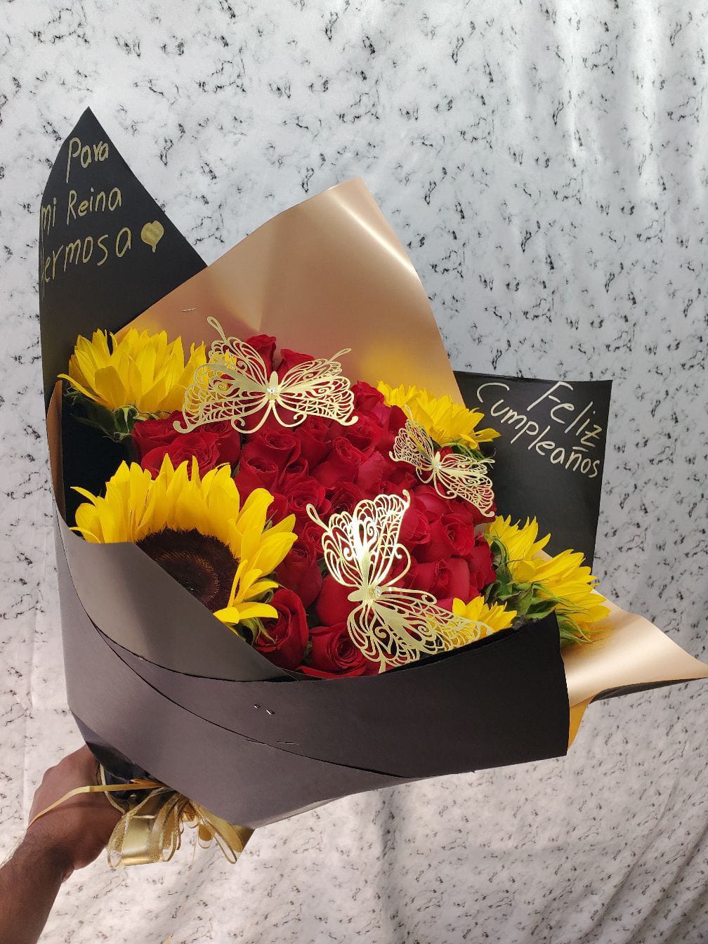 50 Roses and 5 Sunflowers Buchon Bouquet