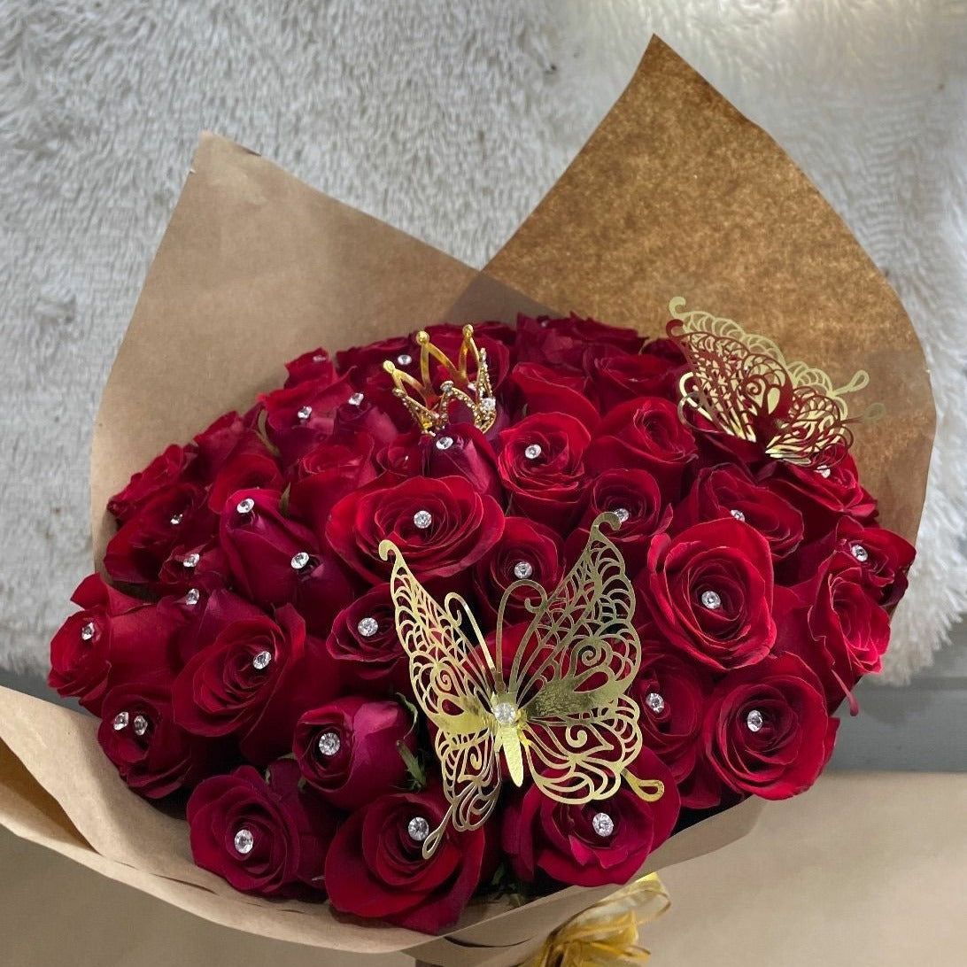50 Roses Flower Bouquet with Pearls and Accessories