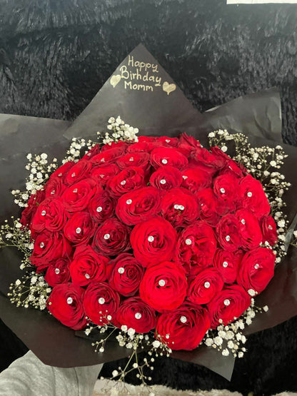 50 Roses Flower Buchon Bouquet with Pearls