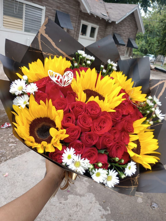 50 Roses and 5 Sunflowers Buchon Bouquet