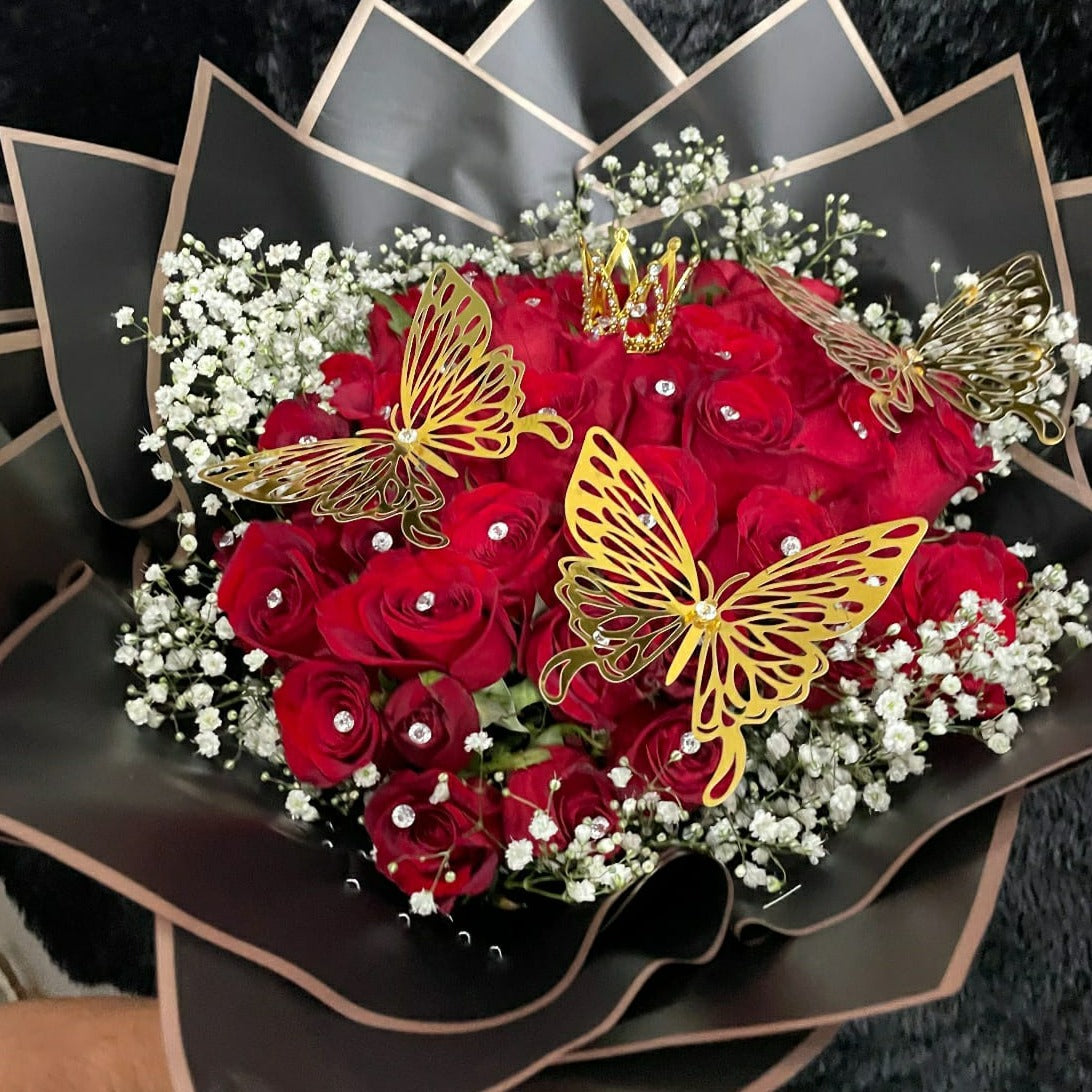 50 Roses Flower Bouquet with Pearls and Accessories