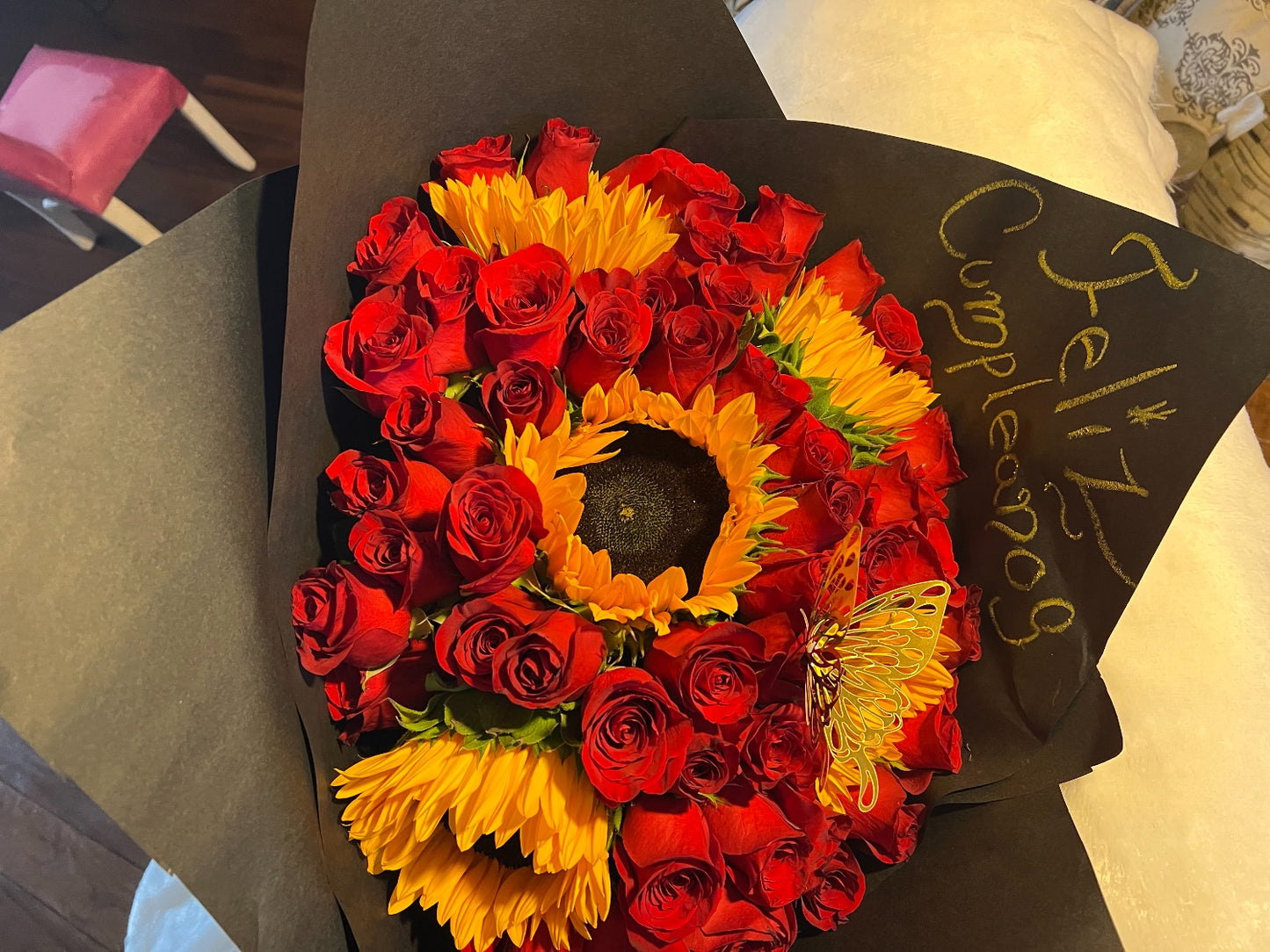 50 Roses and 5 Sunflowers Buchon Bouquet