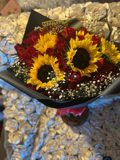 50 Roses and 5 Sunflowers Buchon Bouquet